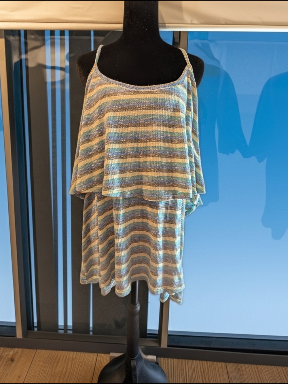 Striped Layered Spaghetti Strap Tank Top - Pastel Blue And White (A34,)